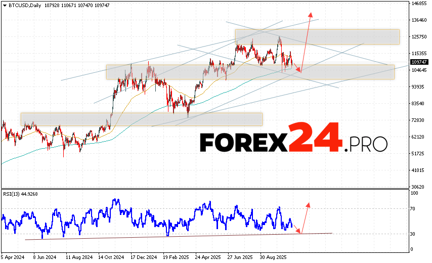 Bitcoin BTC/USD is ending the trading week at 109747 and continues to move within a developing correction and bullish channel. Moving averages indicate an upward trend. Prices are again testing the area between the signal lines, indicating pressure from asset buyers and potential continued growth in BTCUSD. At this point, we should expect an attempt at a bearish correction in the coin's price and a test of the support area near 102505. From there, we should expect another upward rebound and continued growth in the Bitcoin price, with a potential target above 135865.