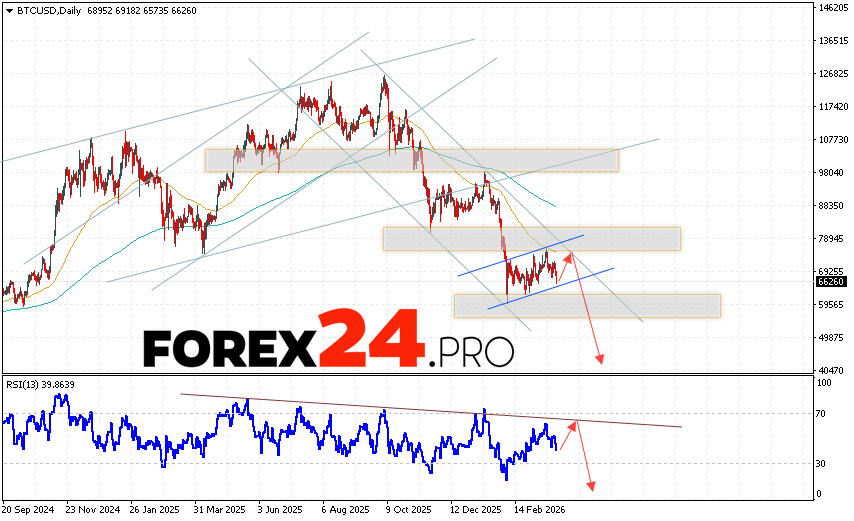 Bitcoin Forecast BTCUSD March 30 - April 3, 2026 Bitcoin BTC/USD is ending the trading week at 66260 and continues to move within a correction and a descending channel. Moving averages indicate a bearish trend. Prices have broken below the signal lines, indicating downward pressure from asset sellers and a potential further decline in BTCUSD prices. At this point, we should expect an attempt at a bullish correction in the coin's price and a test of the resistance area near 73505. From there, we should expect another downward rebound and a continued decline in the Bitcoin price, with a potential target below 45605.